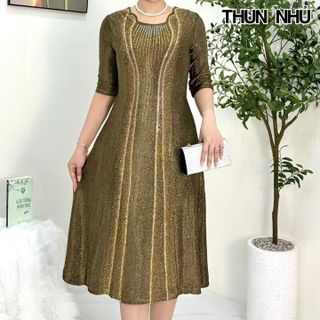 Đầm trung niên dự tiệc sang trọng vải nhũ cao cấp đính đá, tặng mẹ co giãn tốt bigsize 80kg M508 Nữ Nhung Women Dress