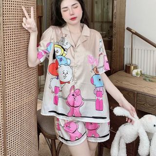 Đồ bộ mặc nhà pijama nữ chất liệu lụa xước cao cấp, mềm mại, FREESIZE 50-80KG
