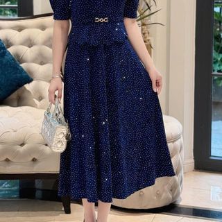 Đầm midi trung niên dự tiệc - công sở, vải thun nhũ cao cấp đính đá, tặng mẹ co giãn tốt bigsize M692