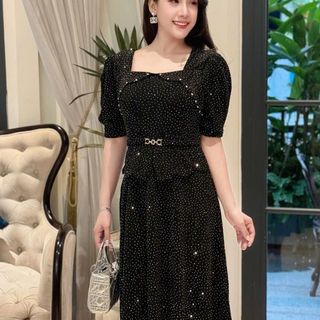 Đầm midi trung niên dự tiệc - công sở, vải thun nhũ cao cấp đính đá, tặng mẹ co giãn tốt bigsize M692
