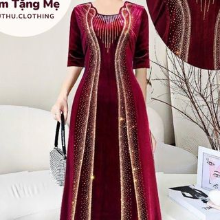 Đầm maxi trung niên dự tiệc sang trọng vải nhung cao cấp đính đá, tặng mẹ co giãn tốt bigsize 80kg M506 Nữ Dress