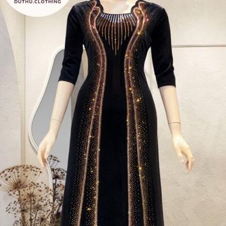 Đầm maxi trung niên dự tiệc sang trọng vải nhung cao cấp đính đá, tặng mẹ co giãn tốt bigsize 80kg M506 Nữ Dress