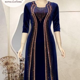 Đầm maxi trung niên dự tiệc sang trọng vải nhung cao cấp đính đá, tặng mẹ co giãn tốt bigsize 80kg M506 Nữ Dress
