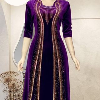 Đầm maxi trung niên dự tiệc sang trọng vải nhung cao cấp đính đá, tặng mẹ co giãn tốt bigsize 80kg M506 Nữ Dress