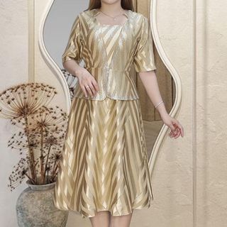 Đầm trung niên sang trọng dành cho mẹ,thiết kế cao cấp dự tiệc, thun sọc chính phẩm co giãn tốt đến 80kg DN11 Nữ Kem