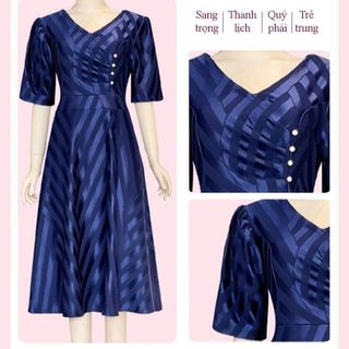 Đầm trung niên sang trọng dành cho mẹ,thiết kế cao cấp dự tiệc, thun sọc chính phẩm co giãn tốt đến 80kg DN12 Kem Nữ
