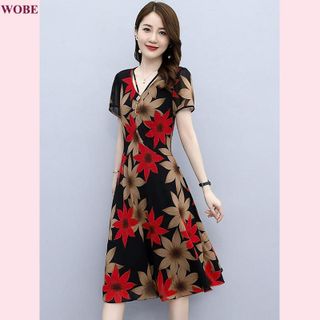 Đầm trung niên sang trọng cho mẹ bigsize thiết kế dáng xòe đẹp in hoa cao cấp dự tiệc HN18