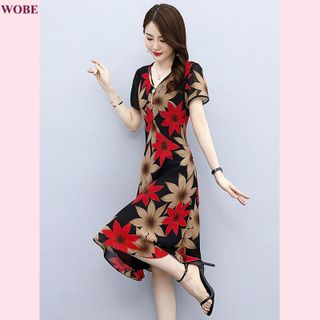 Đầm trung niên sang trọng cho mẹ bigsize thiết kế dáng xòe đẹp in hoa cao cấp dự tiệc HN18