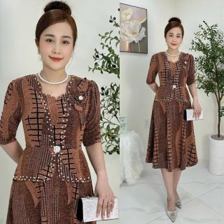 Đầm midi trung niên dự tiệc sang trọng vải kim tuyến nhũ kim sa tặng mẹ co giãn tốt bigsize 75kg M668