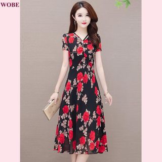 Đầm trung niên sang trọng cho mẹ bigsize thiết kế dáng xòe đẹp in hoa cao cấp dự tiệc HN17