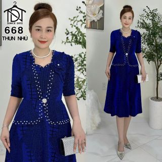 Đầm midi trung niên dự tiệc sang trọng vải kim tuyến nhũ kim sa tặng mẹ co giãn tốt bigsize 75kg M668