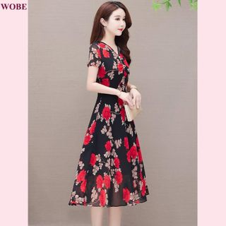 Đầm trung niên sang trọng cho mẹ bigsize thiết kế dáng xòe đẹp in hoa cao cấp dự tiệc HN17