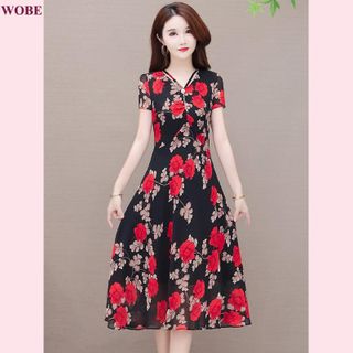 Đầm trung niên sang trọng cho mẹ bigsize thiết kế dáng xòe đẹp in hoa cao cấp dự tiệc HN17