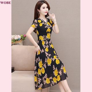 Đầm trung niên sang trọng cho mẹ bigsize thiết kế dáng xòe đẹp in hoa cao cấp dự tiệc HN17