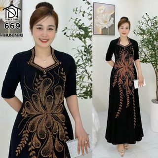 Đầm MAXI trung niên dự tiệc sang trọng vải kim tuyến nhũ kim sa tặng mẹ co giãn tốt bigsize 78kg M669