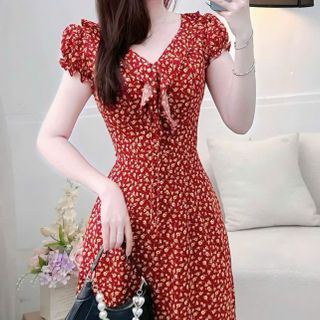 Đầm lụa hoa cao cấp, dáng xòe giúp che khuyết điểm tốt, đầm công sở dự tiệc sang trọng B2