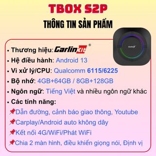 Android Box Ô tô Carlinkit Tbox S2P, Android 13, Qualcomm 6225/6115, Ram 4GB/8GB, Rom 64GB/128GB