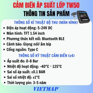 Cảm biến áp suất lốp (TPMS) van trong VIETMAP TW50 cảnh báo tiếng Việt, hiển thị tốc độ giới hạn
