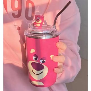 Ly giữ nhiệt hoạt hình Disney gấu dâu 450ml, siêu cool kèm ống hút inox 304 và túi xách handmade xinh xắn