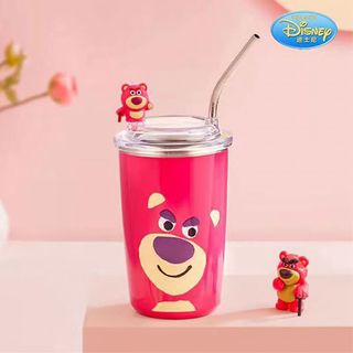 Ly giữ nhiệt hoạt hình Disney gấu dâu 450ml, siêu cool kèm ống hút inox 304 và túi xách handmade xinh xắn