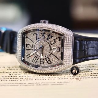 ĐỒNG HỒ NAM SIÊU CẤP PRANCK MULLER DÂY CS BỌC DA ĐEN MÁY CƠ MẶT ĐÍNH ĐÁ SWAROSKI