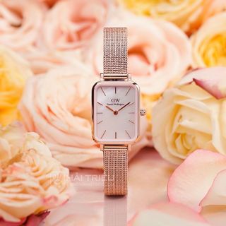 ĐỒNG HỒ NỮ CAO CẤP D WELLINGTON QUARDO ROUGE  DÂY LƯỚI MẶT CN HỒNG HỘP NƠ TEM