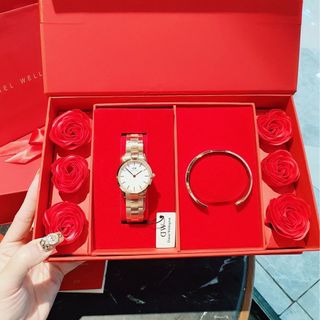 SET QUỐC TẾ PHỤ NỮ HỘP HOA HỒNG ĐỎ DANIEL W CAO CẤP THÉP ICONIC VÀ CUFF