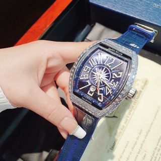 ĐỒNG HỒ NAM SIÊU CẤP PRANCK MÁY CƠ DÂY CS BỌC DA MẶT XANH VIỀN ĐÁ VUÔNG