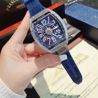 ĐỒNG HỒ NAM SIÊU CẤP PRANCK MÁY CƠ DÂY CS BỌC DA MẶT XANH VIỀN ĐÁ VUÔNG