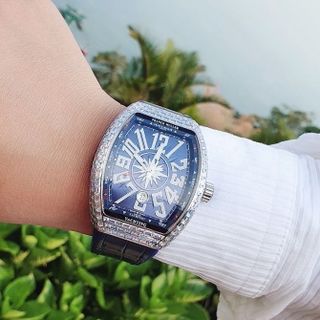 ĐỒNG HỒ NAM SIÊU CẤP PRANCK MÁY CƠ DÂY CS BỌC DA MẶT XANH VIỀN ĐÁ VUÔNG