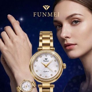 ĐỒNG HỒ NỮ CHÍNH NGẠCH FUNMEI F2148 DÂY THÉP NIỀNG KHÍA FULLBOX HOÁ ĐƠN