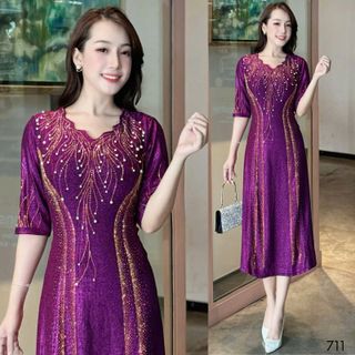 Đầm midi dạ hội trung niên chất nhũ kim sa co giãn cực tốt cho mẹ dự tiệc sang trọng bigsize 75kg - M711
