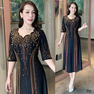 Đầm midi dạ hội trung niên chất nhũ kim sa co giãn cực tốt cho mẹ dự tiệc sang trọng bigsize 75kg - M711