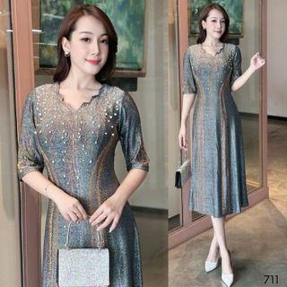 Đầm midi dạ hội trung niên chất nhũ kim sa co giãn cực tốt cho mẹ dự tiệc sang trọng bigsize 75kg - M711