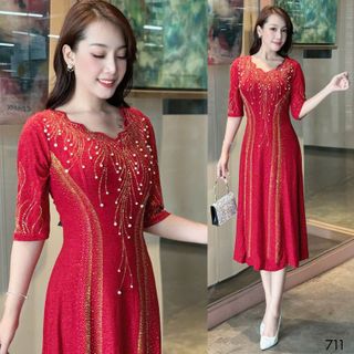Đầm midi dạ hội trung niên chất nhũ kim sa co giãn cực tốt cho mẹ dự tiệc sang trọng bigsize 75kg - M711