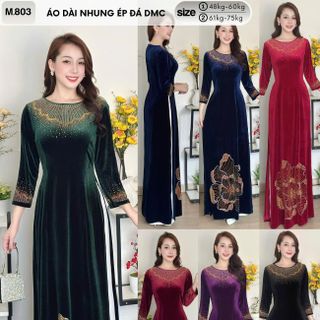 Áo dài cách tân nhung mềm mại, kiểu dáng sang trọng dự tiệc, hoạ tiết đá ép cao cấp, co giãn, bigsize 75kg - M803