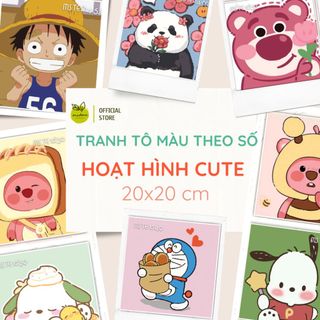 Tranh tô màu số hóa CÔNG CHÚA, LOOPY, SHIN, DORAEMON, kích thước 20x20cm, đã căng khung