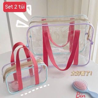 ( Set 2)  Túi xách trong suốt Túi nhựa PVC tron g xách tay đựng đồ make up, đi học, đựng đồ du lịch, đựng búp bê doll và