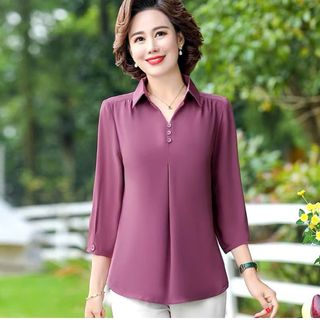 Áo Lụa Kiểu Cổ Sơ Mi Phối Nút Thời Trang Trung Niên