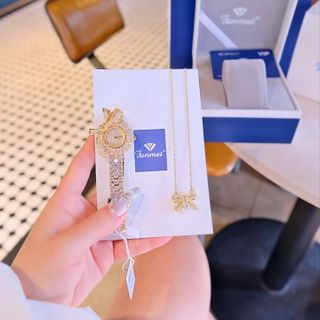 SET ĐỒNG HỒ NỮ CHÍNH NGẠCH FUNMEI F2160 kèm dây chuyền mặt nơ FULL ĐÁ FULLBOX TEM