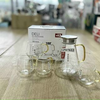 Bộ Bình 4 Cốc Thủy Tinh GPH 78 Trắng quai vàng (THÙNG 6B)