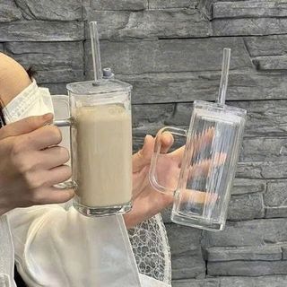 LY THUỶ TINH 340ML CÓ NẮP CHỐNG TRÀN KÈM ỐNG HÚT (T58)