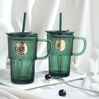 Ly CốcThủy Tinh Màu Xanh Kèm Ống Hút (THÙNG 58C)