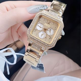 ĐỒNG HỒ NỮ CAO CẤP GUECC MẶT VUÔNG CHONOGRAPH FULL ĐÁ KHOÁ BƯỚM INOX