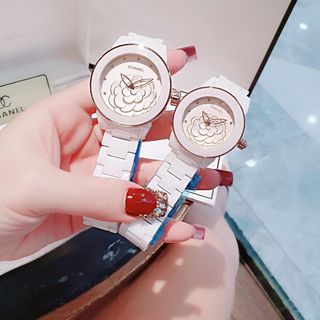ĐỒNG HỒ NỮ CAO CẤP CHANEU CERAMIC ĐÁ TRẮNG MẶT HOA VIỀN HỒNG VÀ VIỀN BẠC