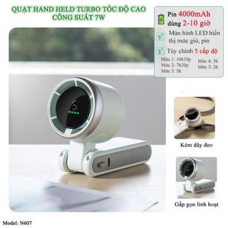 QUẠT CẦM TAY TÍCH ĐIỆN TURBO 5 CẤP ĐỘ N607