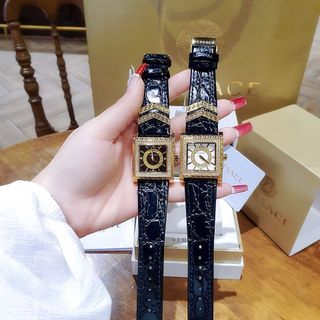 ĐỒNG HỒ NỮ CAO CẤP VERSA DÂY DA ĐEN MẶT VUÔNG HOA VĂN ĐÍNH HỘT