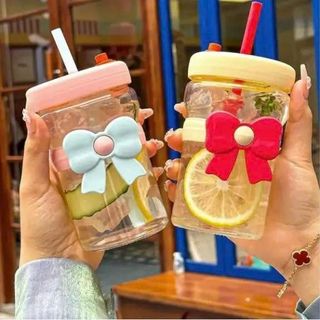 CỐC THUỶ TINH BỌC NƠ KÈM ỐNG HÚT 450ML (T68)