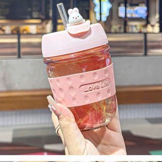 CỐC THUỶ TINH NẮP GẤU KÈM ỐNG HÚT 350ML (T70)