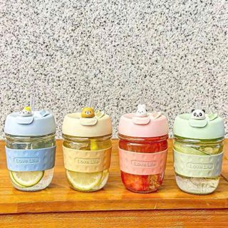 CỐC THUỶ TINH NẮP GẤU KÈM ỐNG HÚT 350ML (T70)